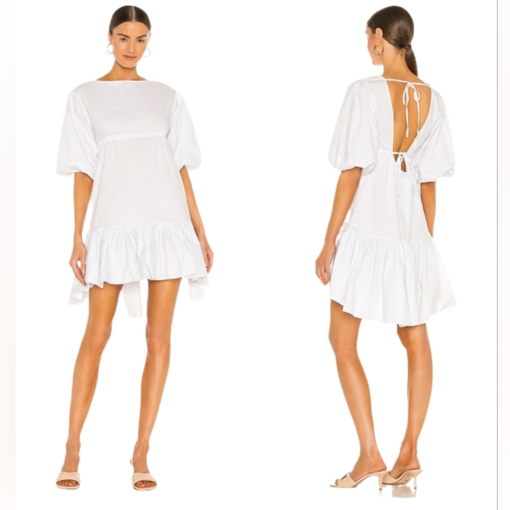 LPA Sz M Lani Dress White Ruffle High Low Open Back Balloon Sleeve Cotton Poplin